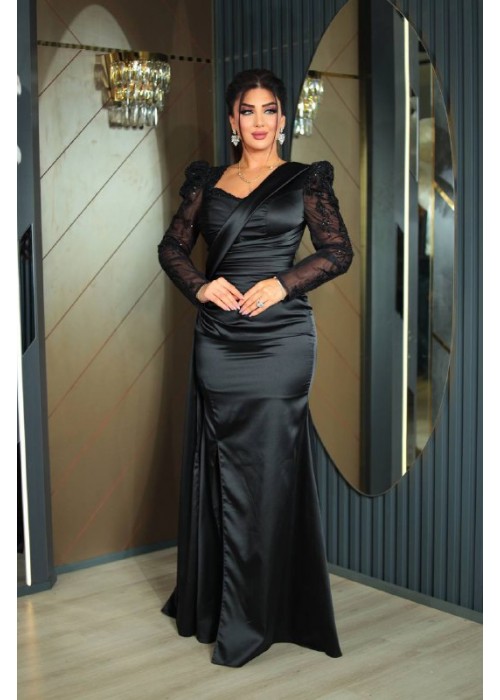 187577 BLACK COCKTAİL DRESS SATIN FABRIC