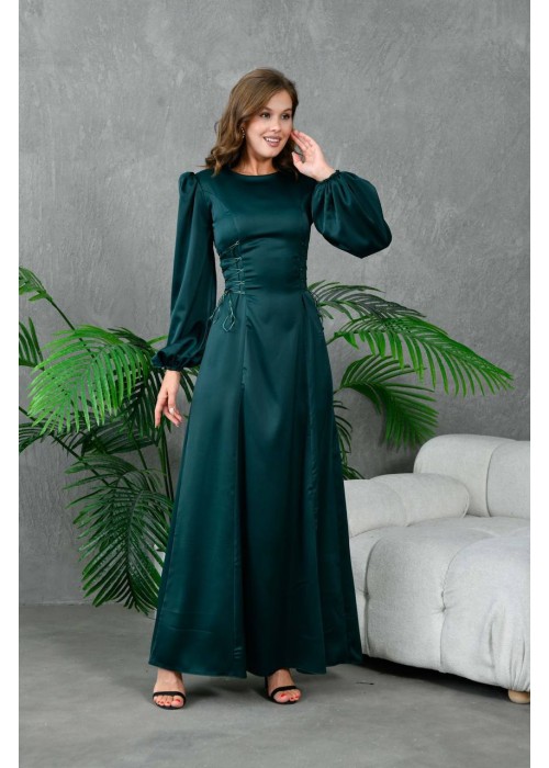 191047 GREEN COCKTAİL DRESS SATIN FABRIC