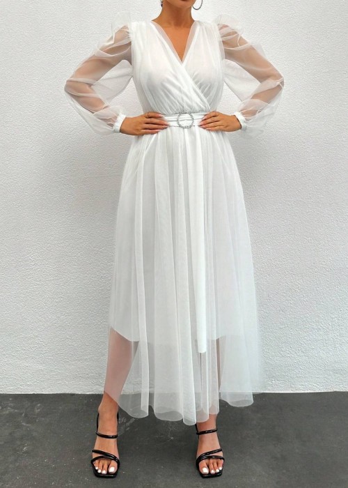 191549 WHITE COCKTAİL DRESS TULLE