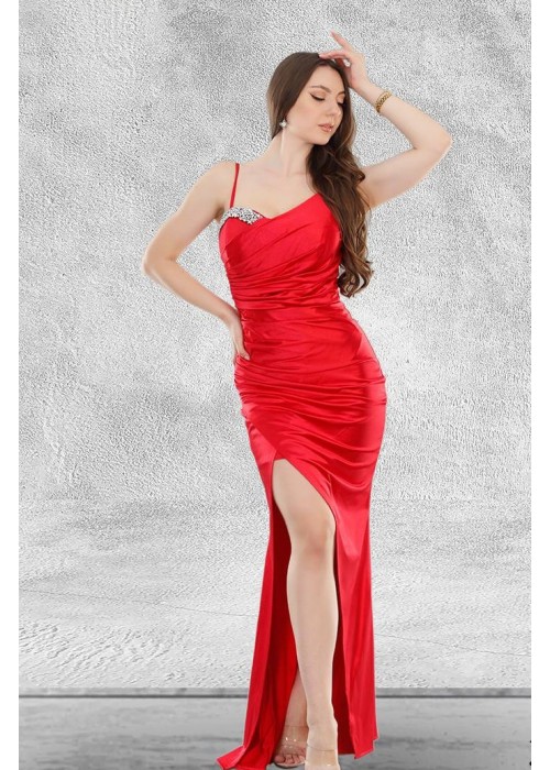 192351 RED COCKTAİL DRESS SATIN FABRIC