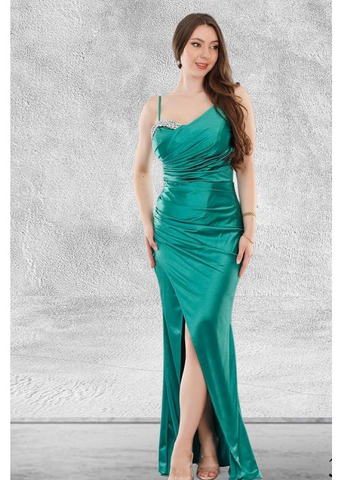 192353 GREEN COCKTAİL DRESS SATIN FABRIC