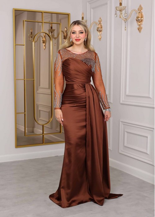 192453 COFFEE COCKTAİL DRESS SATIN FABRIC