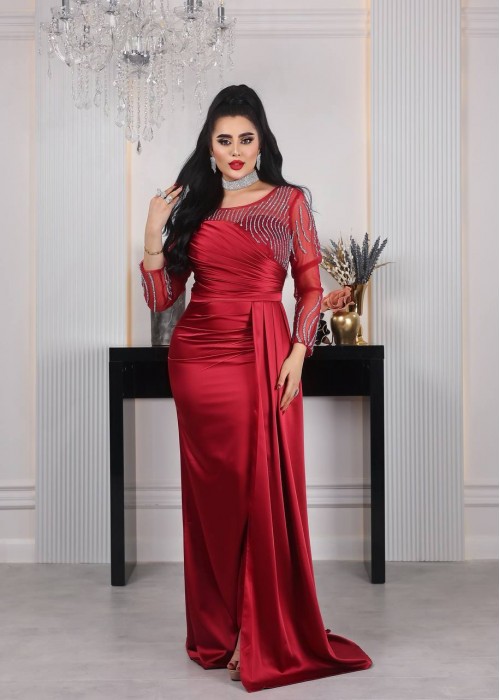 192457 BORDO COCKTAİL DRESS SATIN FABRIC