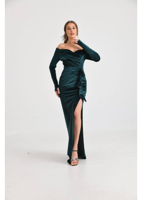 192880 GREEN COCKTAİL DRESS VELVET