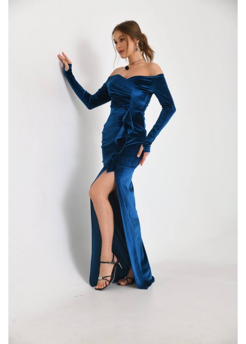 192883 BLUE COCKTAİL DRESS VELVET