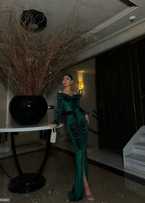 197157 GREEN COCKTAİL DRESS VELVET